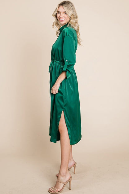 Collared Satin Tied Waist Midi Shirt Dress