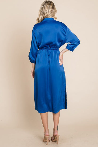 Collared Satin Tied Waist Midi Shirt Dress