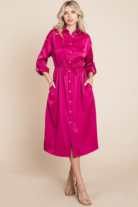 Collared Satin Tied Waist Midi Shirt Dress