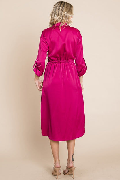 Collared Satin Tied Waist Midi Shirt Dress