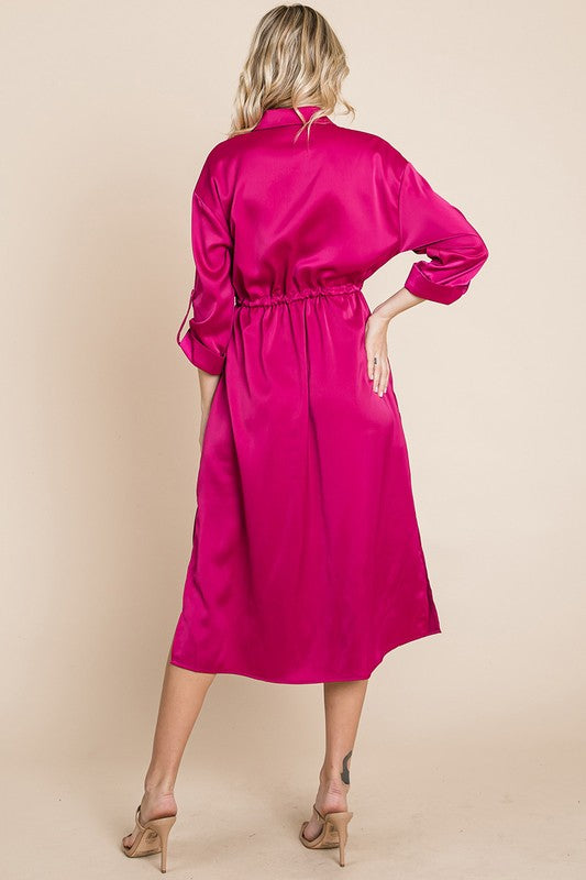 Collared Satin Tied Waist Midi Shirt Dress