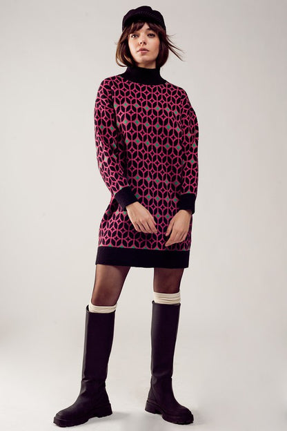 High neck knitted mini sweater dress