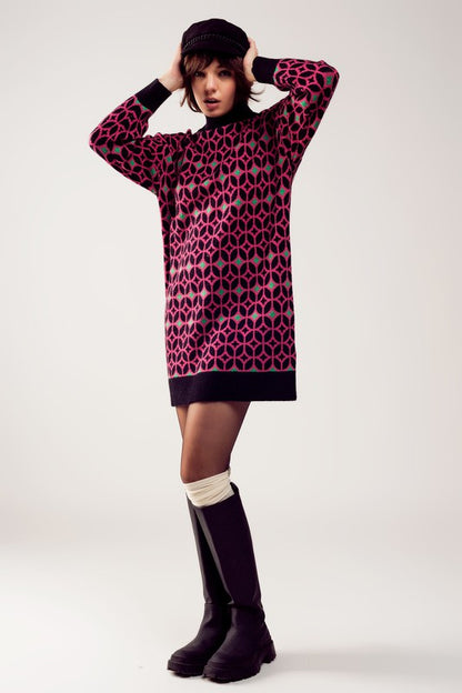 High neck knitted mini sweater dress