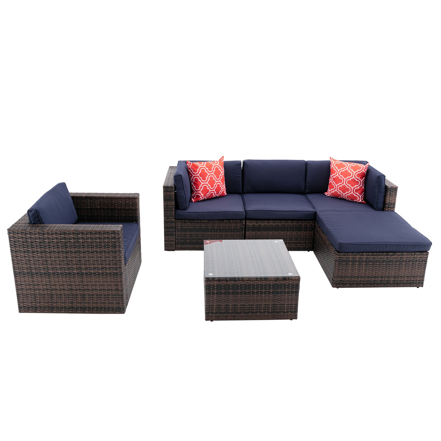 6Pcs Outdoor Garden Patio Furniture PE Rattan Wicker Sectional Cushioned Sofa Sets with 2 Pillows and Coffee Table