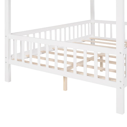 Full Size Wood House Bed with Fence, White+Gray