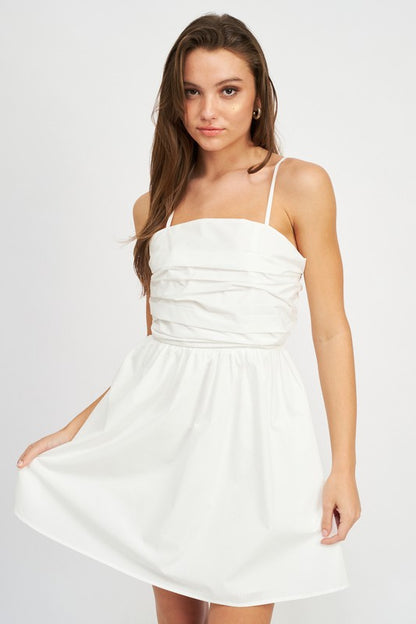 SLEEVELESS POPLIN DRESS WTIH RUCHING