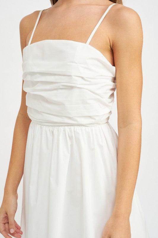 SLEEVELESS POPLIN DRESS WTIH RUCHING