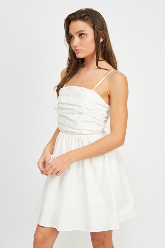 SLEEVELESS POPLIN DRESS WTIH RUCHING