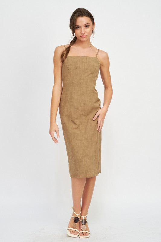 SPAGHETTI STRAP MIDI DRESS WITH SLIT