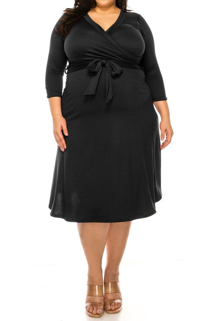 Plus size, solid faux wrap dress