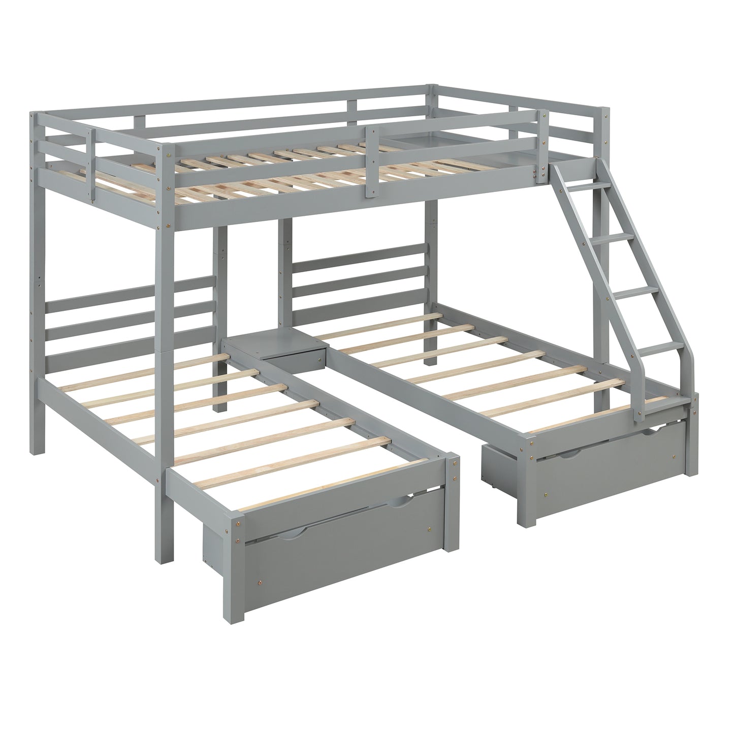 Solid Wood Full over  Twin & Twin Bunk Bed with 3 Storage Drawers, Grey (96.8”x79”x68.3”)