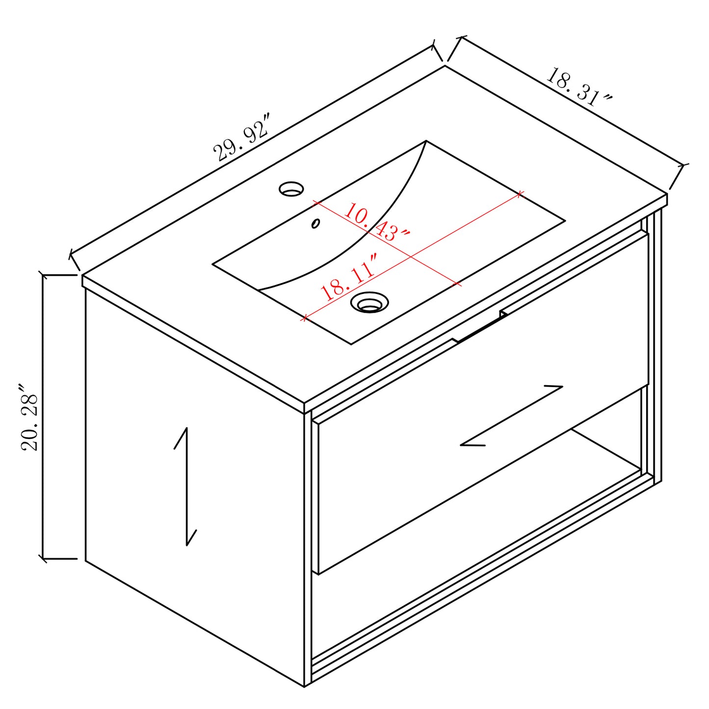 30 inches Floating Bathroom Vanity Combo with Integrated Single Sink and 1 Soft Close Drawer