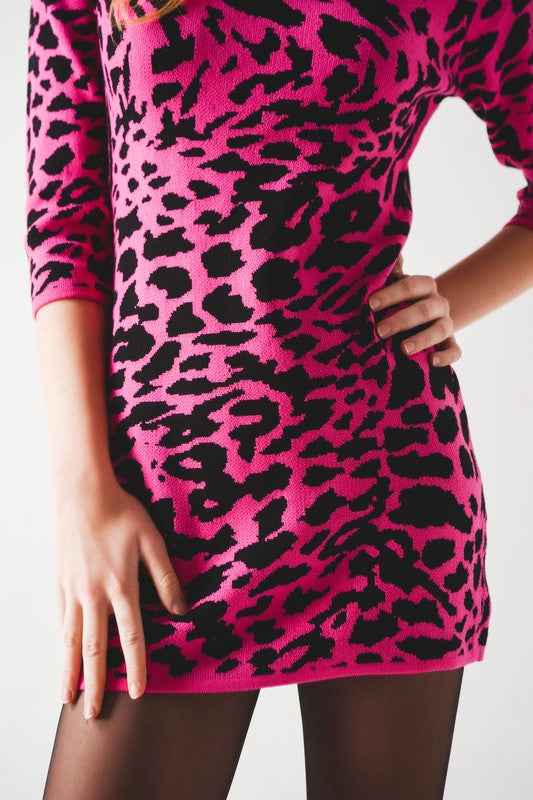 fucshia knit mini dress in leopard print