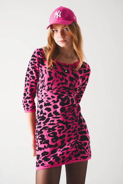 fucshia knit mini dress in leopard print