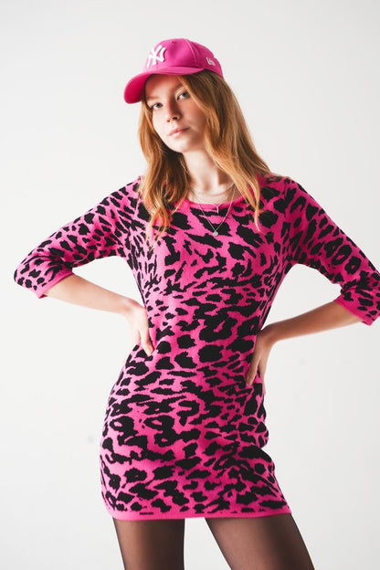 fucshia knit mini dress in leopard print