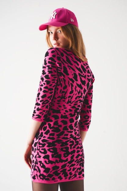 fucshia knit mini dress in leopard print