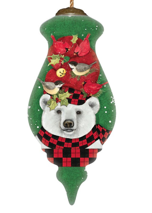 Woodland Plaid Pals Polar Bear Glass Ornament