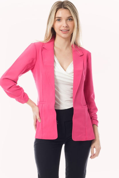 Solid Ruched 3/4 Sleeve Buttonless Stretchy Blazer