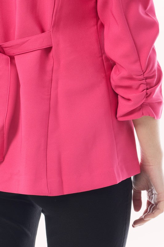 Solid Ruched 3/4 Sleeve Buttonless Stretchy Blazer