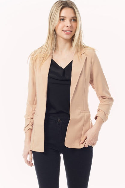 Solid Ruched 3/4 Sleeve Buttonless Stretchy Blazer