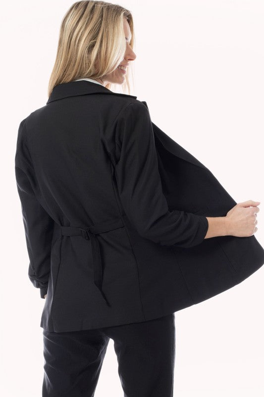 Solid Ruched 3/4 Sleeve Buttonless Stretchy Blazer