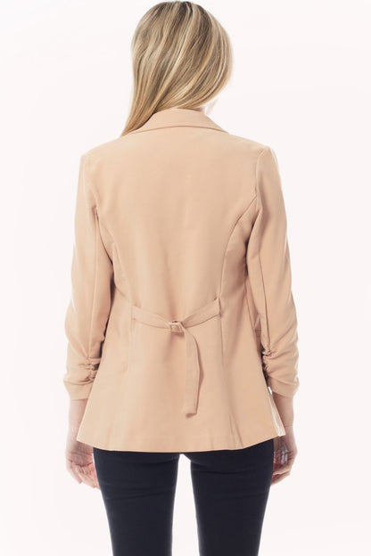 Solid Ruched 3/4 Sleeve Buttonless Stretchy Blazer