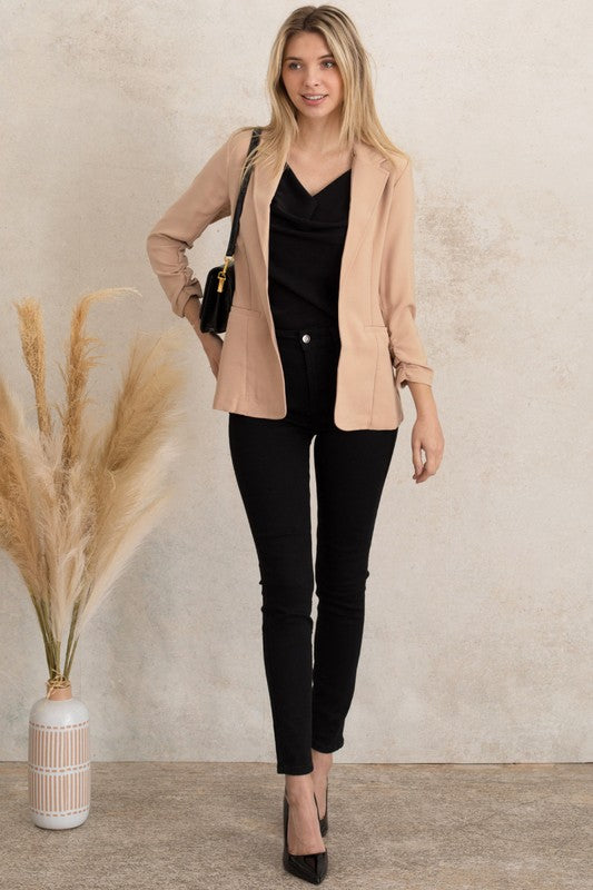 Solid Ruched 3/4 Sleeve Buttonless Stretchy Blazer