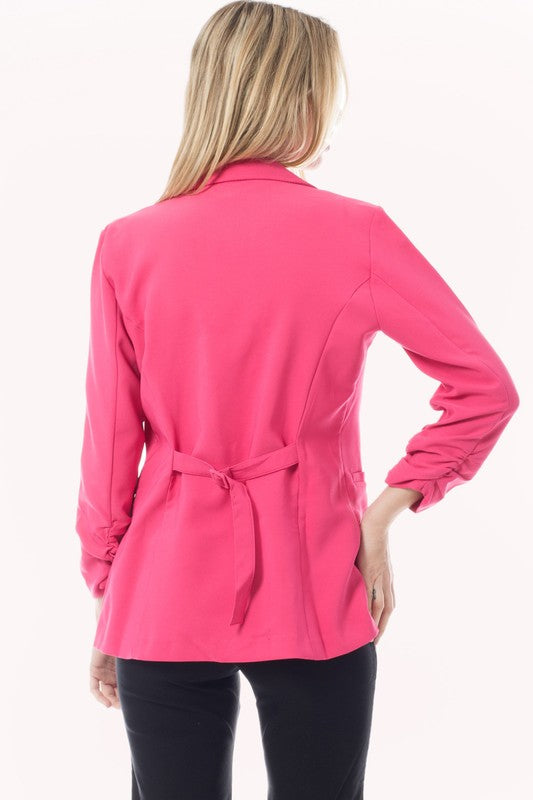 Solid Ruched 3/4 Sleeve Buttonless Stretchy Blazer