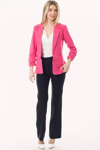 Solid Ruched 3/4 Sleeve Buttonless Stretchy Blazer