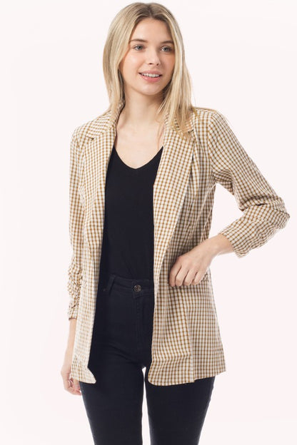 Gingham 3/4 Sleeve Buttonless Stretchy Blazer