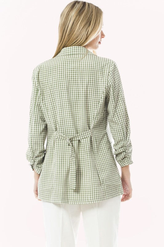 Gingham 3/4 Sleeve Buttonless Stretchy Blazer