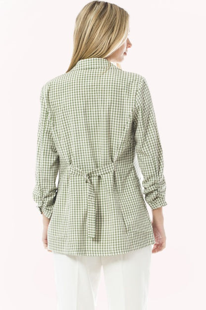 Gingham 3/4 Sleeve Buttonless Stretchy Blazer