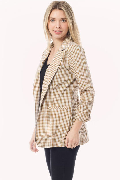 Gingham 3/4 Sleeve Buttonless Stretchy Blazer