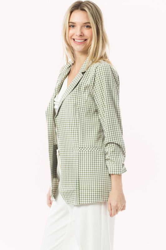 Gingham 3/4 Sleeve Buttonless Stretchy Blazer