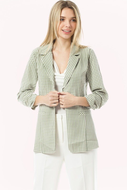 Gingham 3/4 Sleeve Buttonless Stretchy Blazer