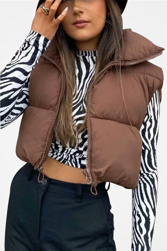 Zipper Cropped Puffer Vest Jacket Coat