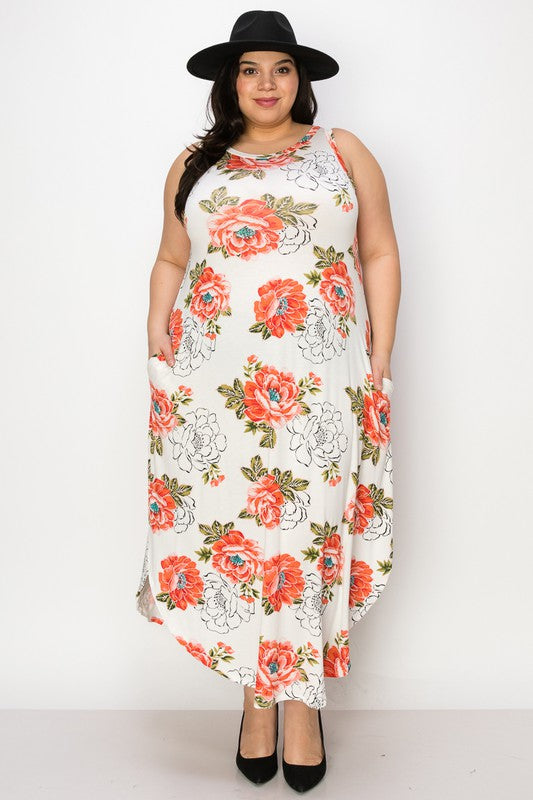 PLUS SIZE SLEEVELESS MAXI DRESS WITH POCKETS.