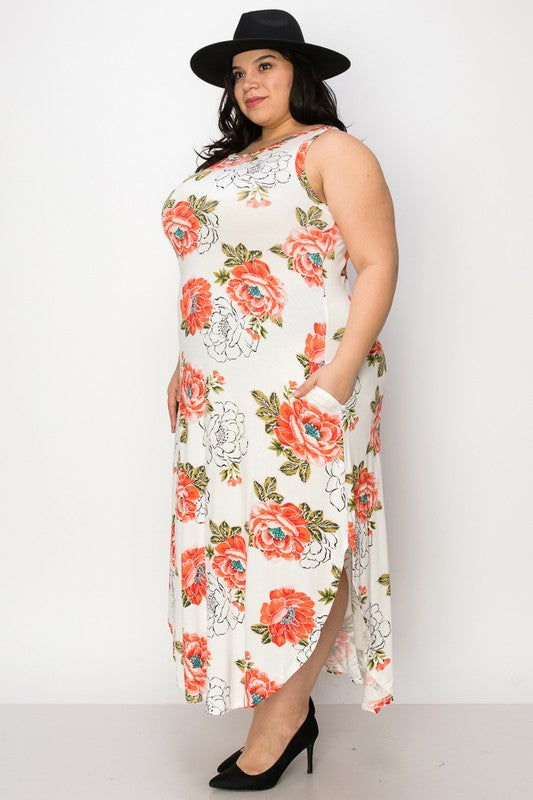 PLUS SIZE SLEEVELESS MAXI DRESS WITH POCKETS.