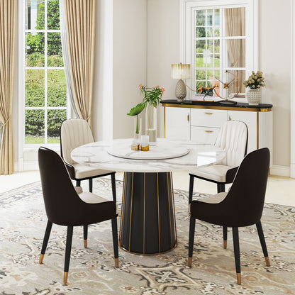 Modern White Round Marble Tabletop Dining Table with Lazy Susan, Black and Gold Leg, Dining Room Table, 59"