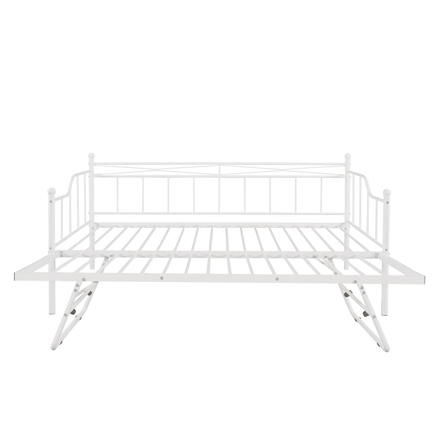 Full Size Metal Daybed with Twin Size Adjustable Trundle, Portable Folding Trundle, White