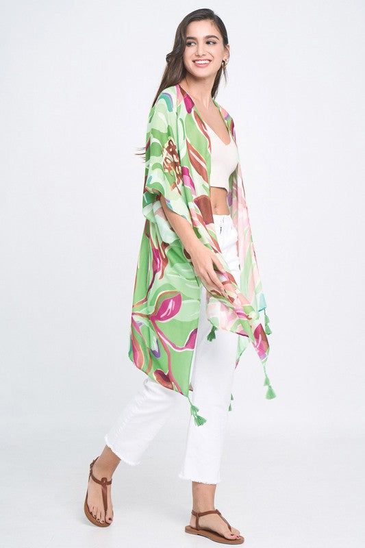 Tropical Floral Print Open Front Kimono