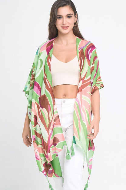 Tropical Floral Print Open Front Kimono