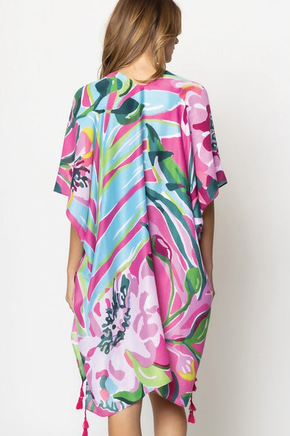 Tropical Floral Print Open Front Kimono