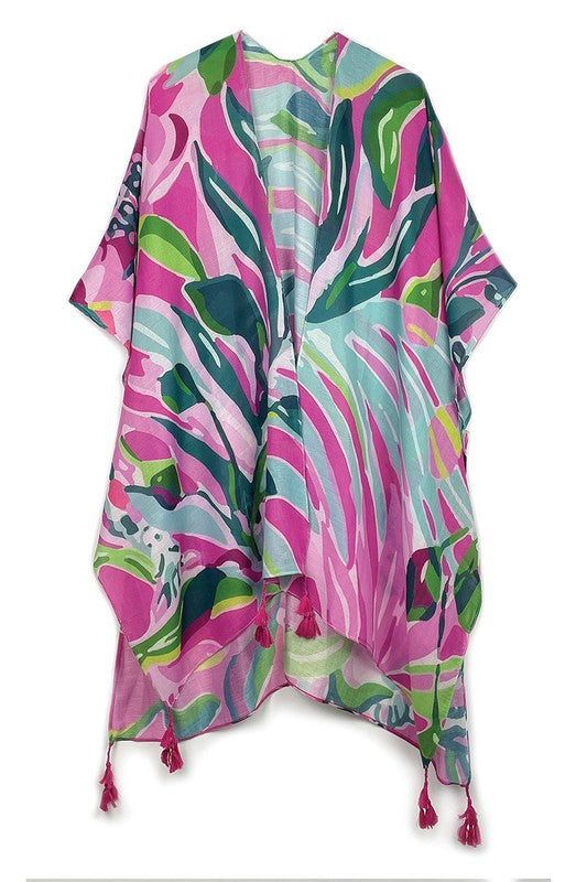 Tropical Floral Print Open Front Kimono