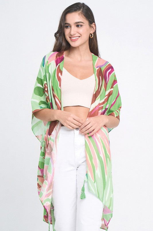 Tropical Floral Print Open Front Kimono