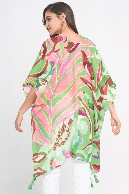 Tropical Floral Print Open Front Kimono