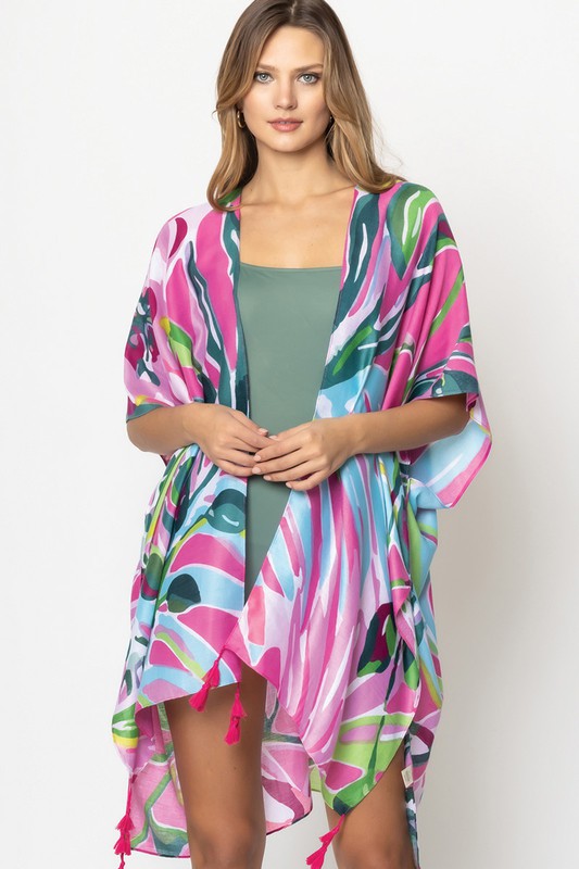 Tropical Floral Print Open Front Kimono