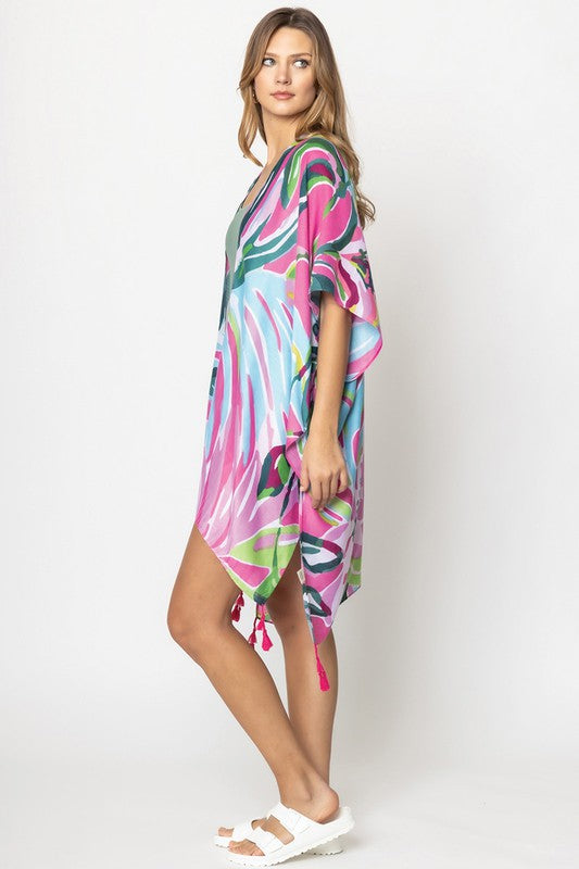 Tropical Floral Print Open Front Kimono