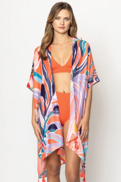 Tropical Floral Print Open Front Kimono