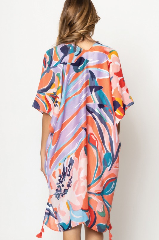 Tropical Floral Print Open Front Kimono